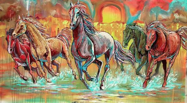 Stampede at Sunset — animals painting by Tom Goetz
