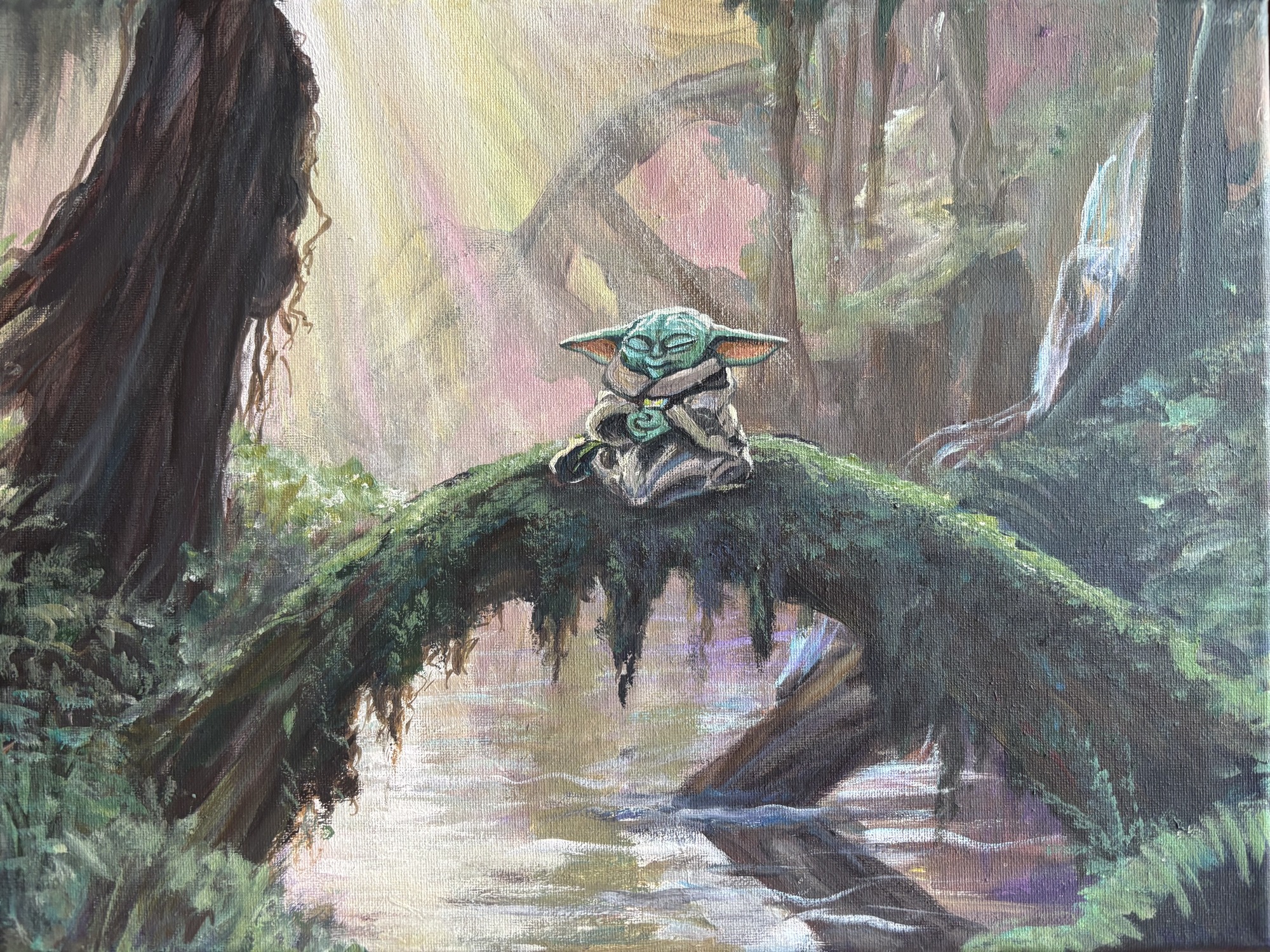 Force in the Forest — Grogu meditating in the forest, original canvas by Tom Goetz