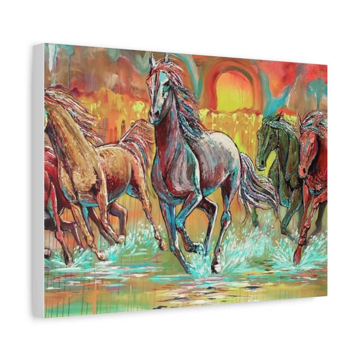 A canvas print of Stampede at Sunset, shown at an angle to show the wrapped edges.