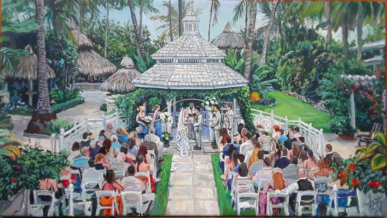 Tom Goetz's painting of a wedding ceremony under a white gazebo in a tropical garden, guests seated either side of the aisle.